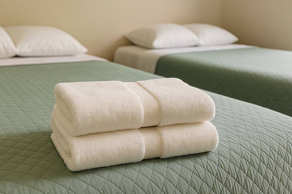Une chambre d’hôtel avec deux lits, chacun recouvert d’une courtepointe matelassée verte et agrémenté d’oreillers blancs. Des tableaux encadrés sont accrochés au mur au-dessus des lits.