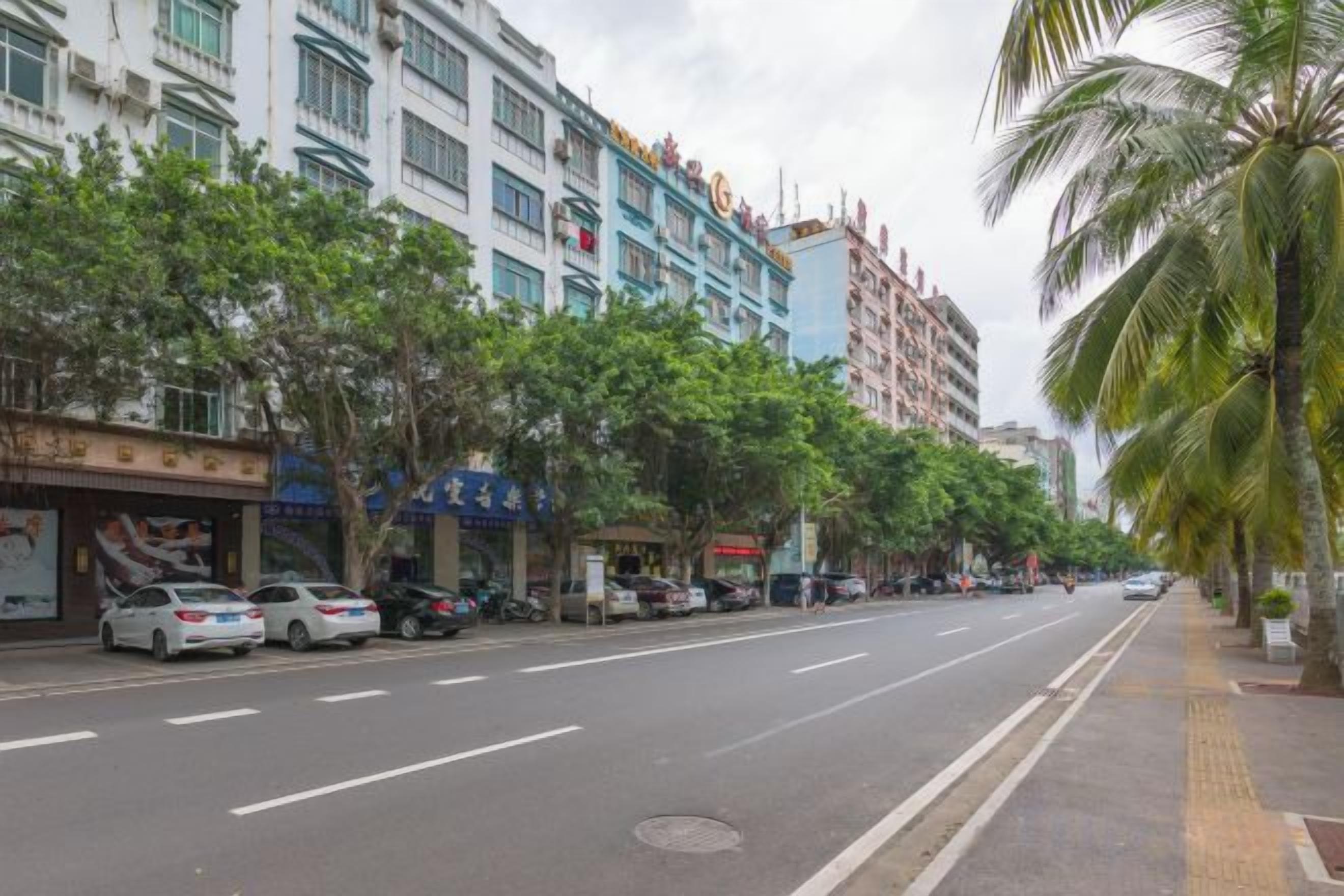 A street lined with multi-story buildings, parked cars, and palm trees.
