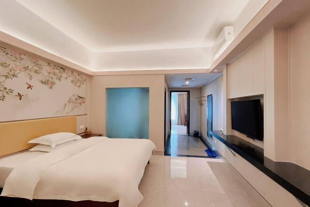 A hotel room with a bed, a television, a wall-mounted TV, a door, and a hallway.