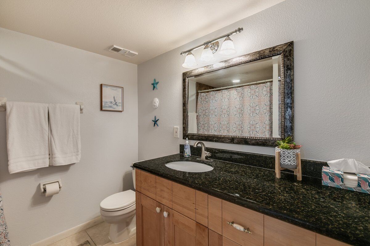 Une salle de bain avec un lavabo, un miroir et des toilettes. Des serviettes sont accrochées au mur et une petite plante est posée sur le comptoir.