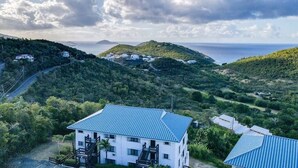 A white building with a blue roof, surrounded by greenery and hills, overlooking a body of water. - Five O'clock Somewhere Condo (Northside)