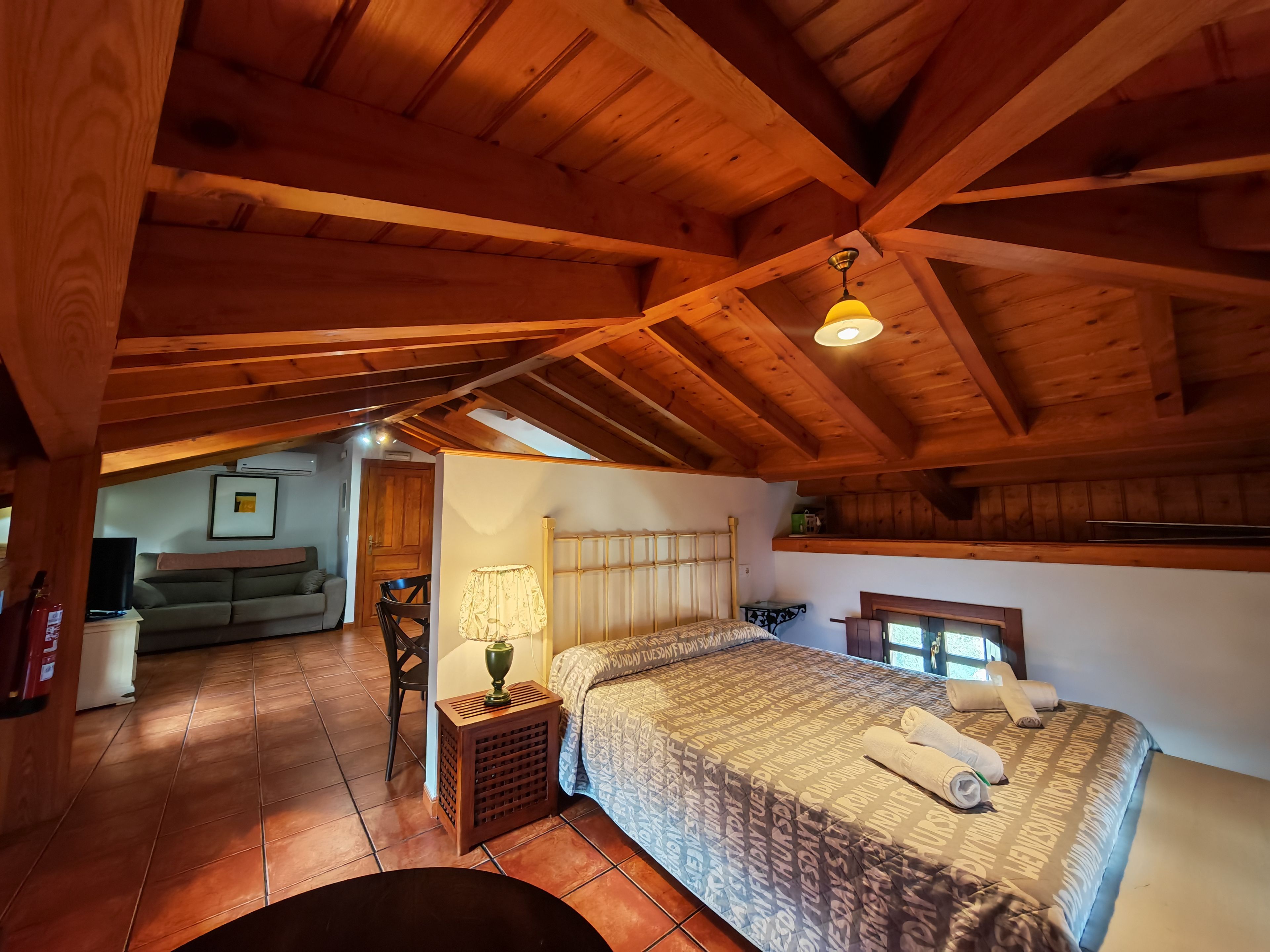 A cozy room with a wooden ceiling, a bed with a patterned bedspread, a nightstand with a lamp, and a view of a living area with a sofa and a television.