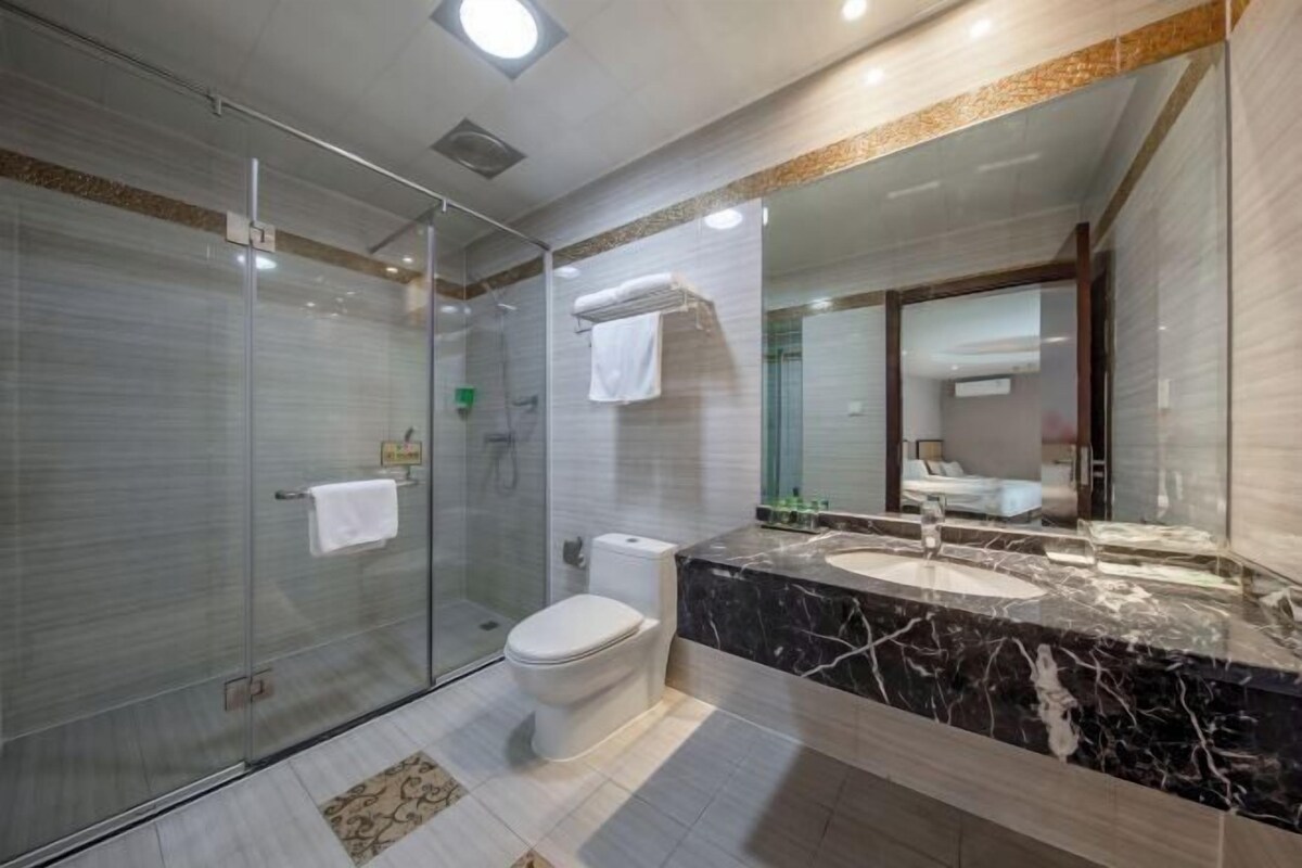 A modern bathroom with a glass shower enclosure, a toilet, and a marble sink with a large mirror.