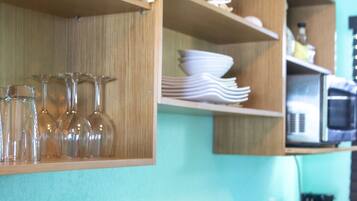 Fridge, microwave, coffee/tea maker, toaster