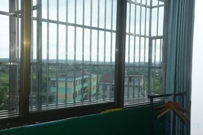 Una ventana con barrotes de metal, un muro verde y vistas de edificios y follaje al exterior.