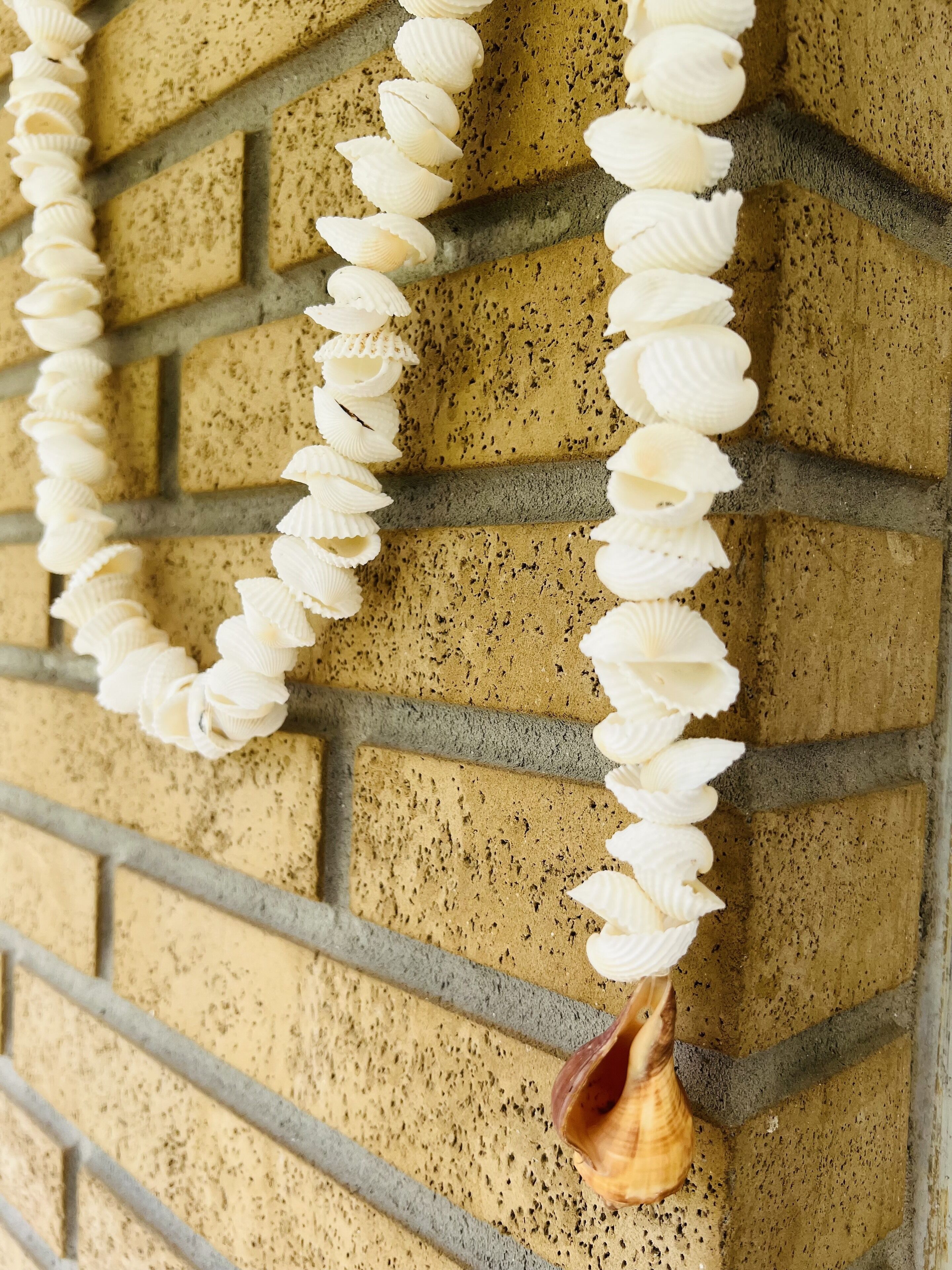 Eine weiße Blumenkette mit Muscheln, die an einer Ziegelwand hängt.