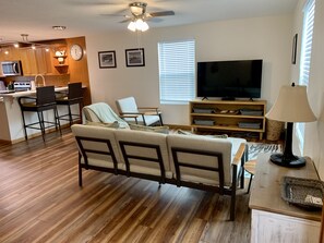 Smart-tv, dvd-afspiller, bøger, videobibliotek