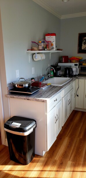 Fridge, microwave, coffee/tea maker, electric kettle