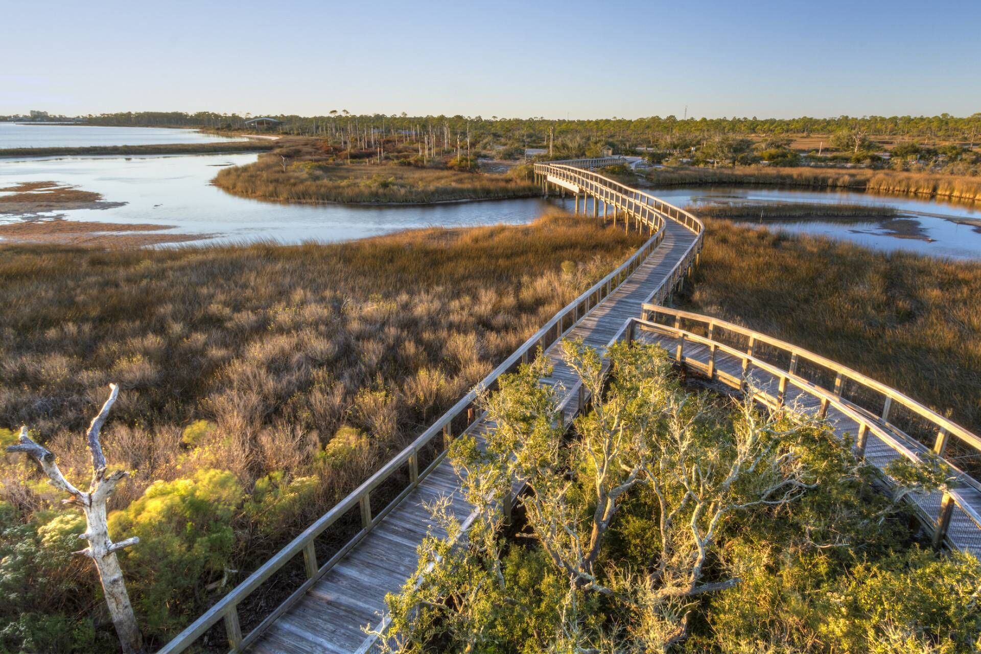 A wooden boardwalk curving through a marshy landscape with water bodies and sparse vegetation.