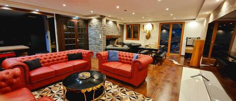 TV, fireplace, books, stereo