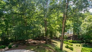 A lush, green landscape with a variety of trees and shrubs, a gravel path, and a circular stone feature. - Lake Adger Home with Private Dock & Kayaks (Mill Spring)