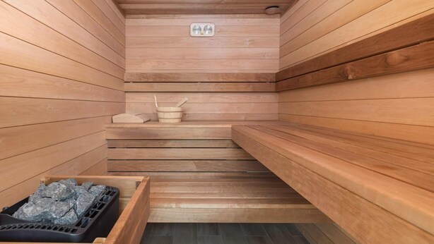 Een sauna met houten wanden en banken, een stenen wasbak en een zwarte container met stenen.