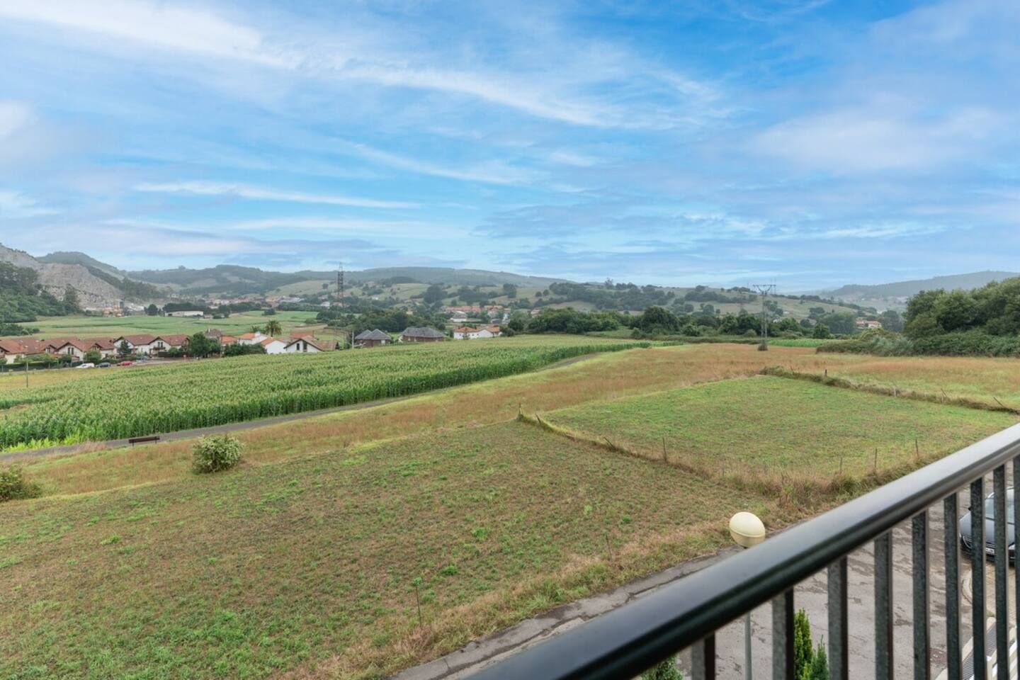 Ländliche Landschaft mit Feldern, einer Straße und entfernten Häusern.