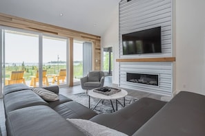 Smart TV, chimenea, reproductor de DVD y oficina