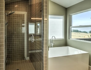 Combined shower/tub, hair dryer, towels