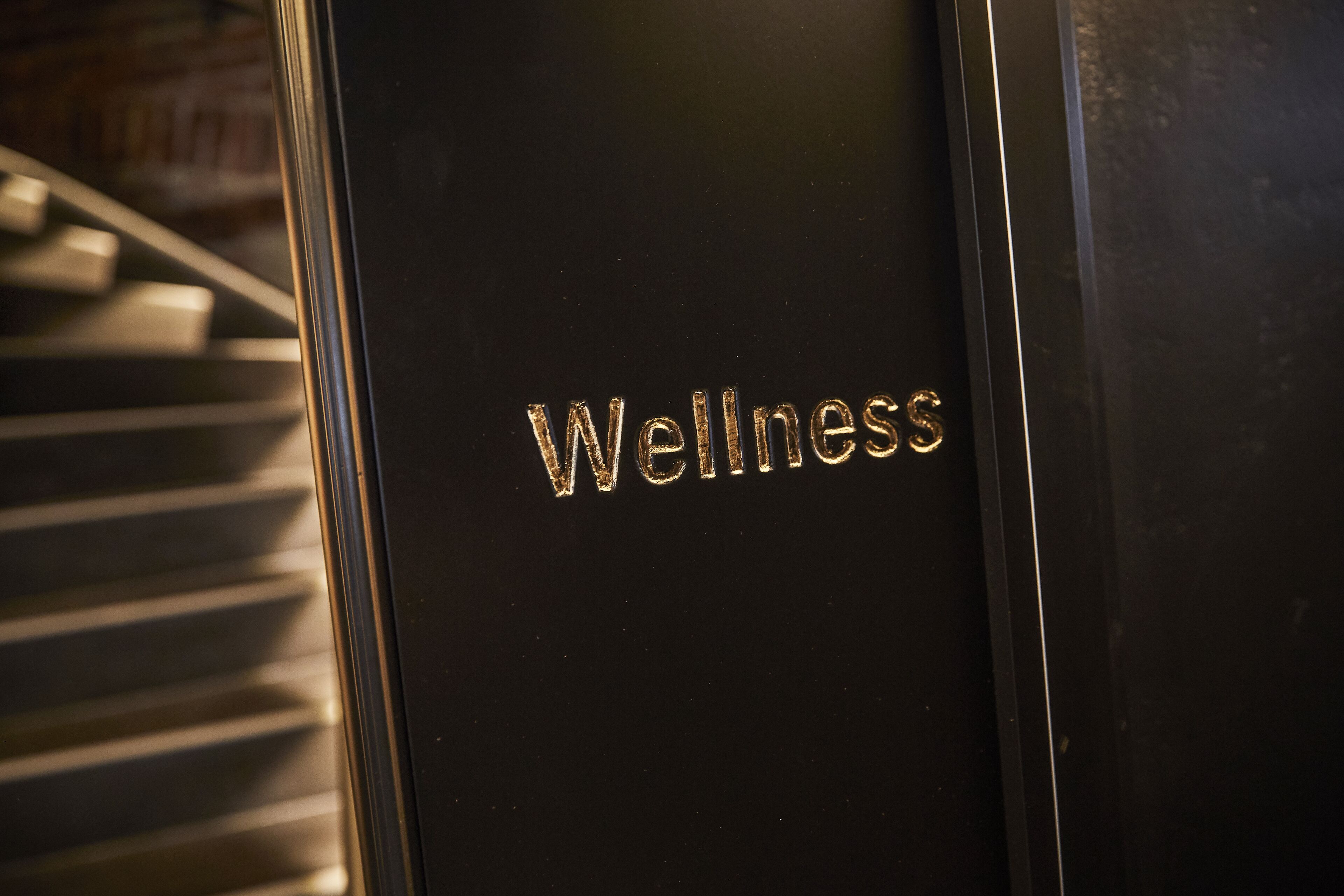 Ein Detailaufnahme einer schwarzen Tür, auf der das Wort 'Wellness' in Gold geprägt ist.