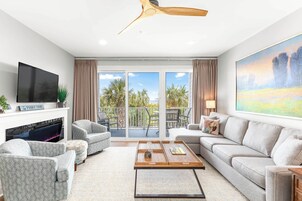 Condo, Multiple Beds, Pool Access, Ocean View (#2 - No Pets) | Living area | 40-inch TV with digital channels, fireplace