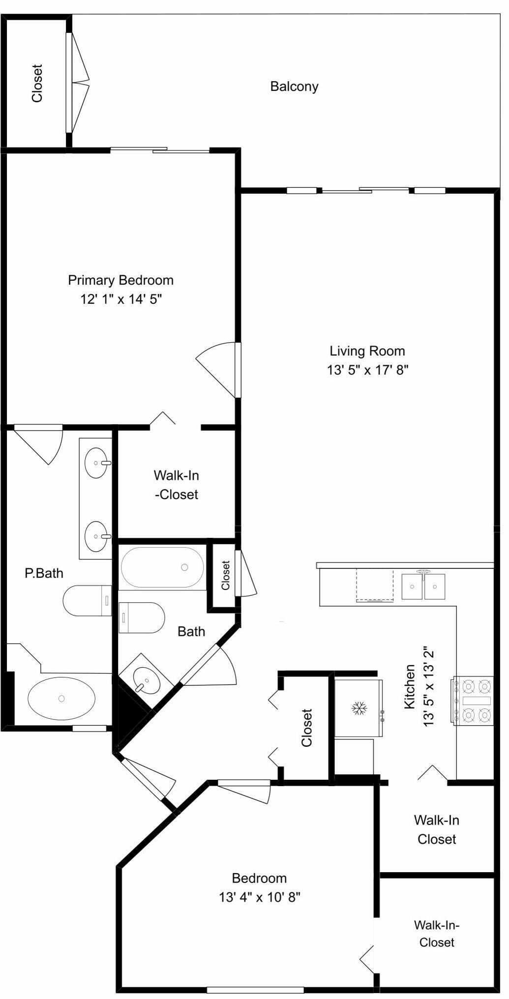 A floor plan with a primary bedroom, living room, walk-in closets, a bathroom, and a kitchen.