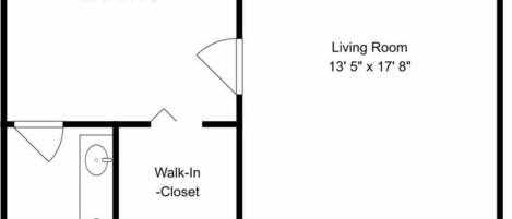 A floor plan with a primary bedroom, living room, walk-in closets, a bathroom, and a kitchen.