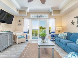 Condo, Multiple Beds, Kitchen, Ocean View (#107 - No Pets) | Living area | 40-inch TV with digital channels - Bay View Villas by Tybee Vacation Rentals (Tybee Island)