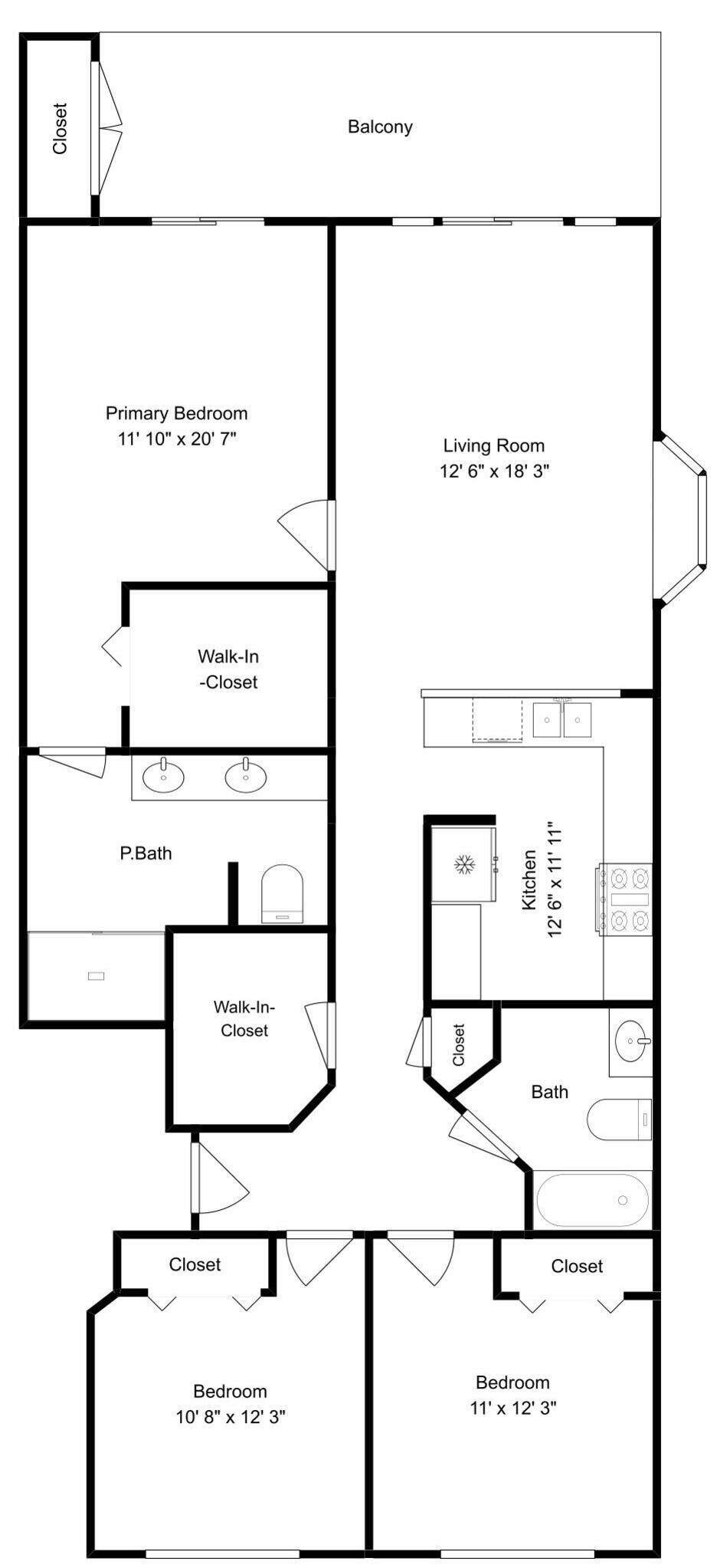 A floor plan of a property with a primary bedroom, living room, walk-in closets, a bathroom, and a kitchen.