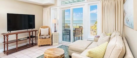 Condo, Multiple Beds, Kitchen, Ocean View (203 - No Pets Allowed) | Living area | 40-inch TV with digital channels