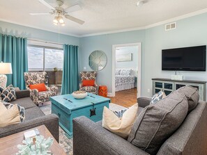 Condo, Multiple Beds, Kitchen, Ocean View (#203 - No Pets) | Living area | 42-inch flat-screen TV with digital channels, TV - Sandpiper 1 by Tybee Vacation Rentals (Tybee Island)