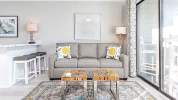 Condo, 1 King Bed with Sofa bed, Kitchen, Ocean View (#B302 - No Pets) | Living area | TV