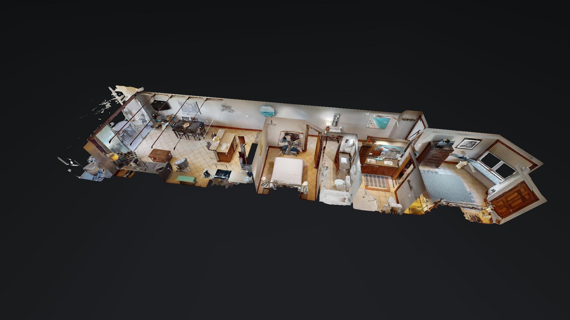 A 3D floor plan of a house with a kitchen, dining area, living room, and bedrooms.