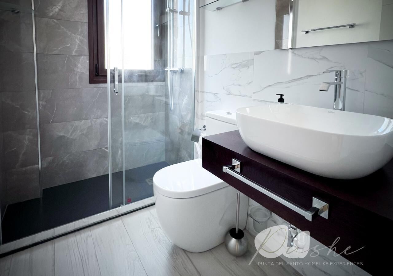 Combined shower/bathtub, hair dryer, towels