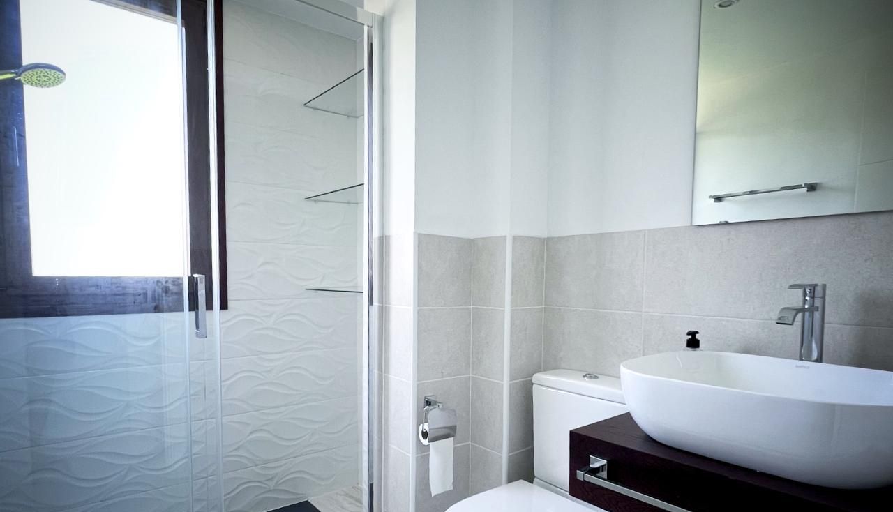A modern bathroom with a glass shower enclosure, a white toilet, and a large vessel sink with a dark countertop.
