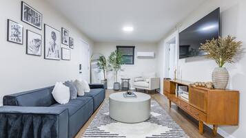 Smart TV, fireplace, books