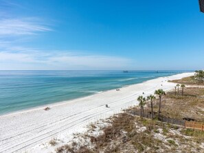 A beach with a long pier extending into the ocean, sandy beach, and sparse vegetation.