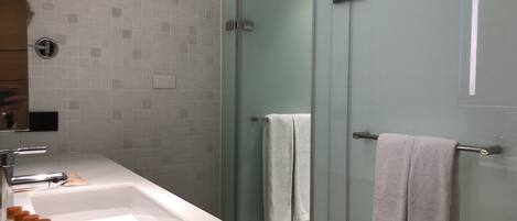 Un baño moderno con un lavabo grande blanco, dos puertas de ducha de cristal y un espejo.