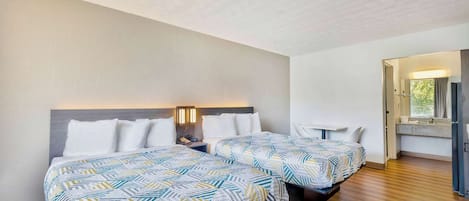 Desk, laptop workspace, blackout curtains, free WiFi