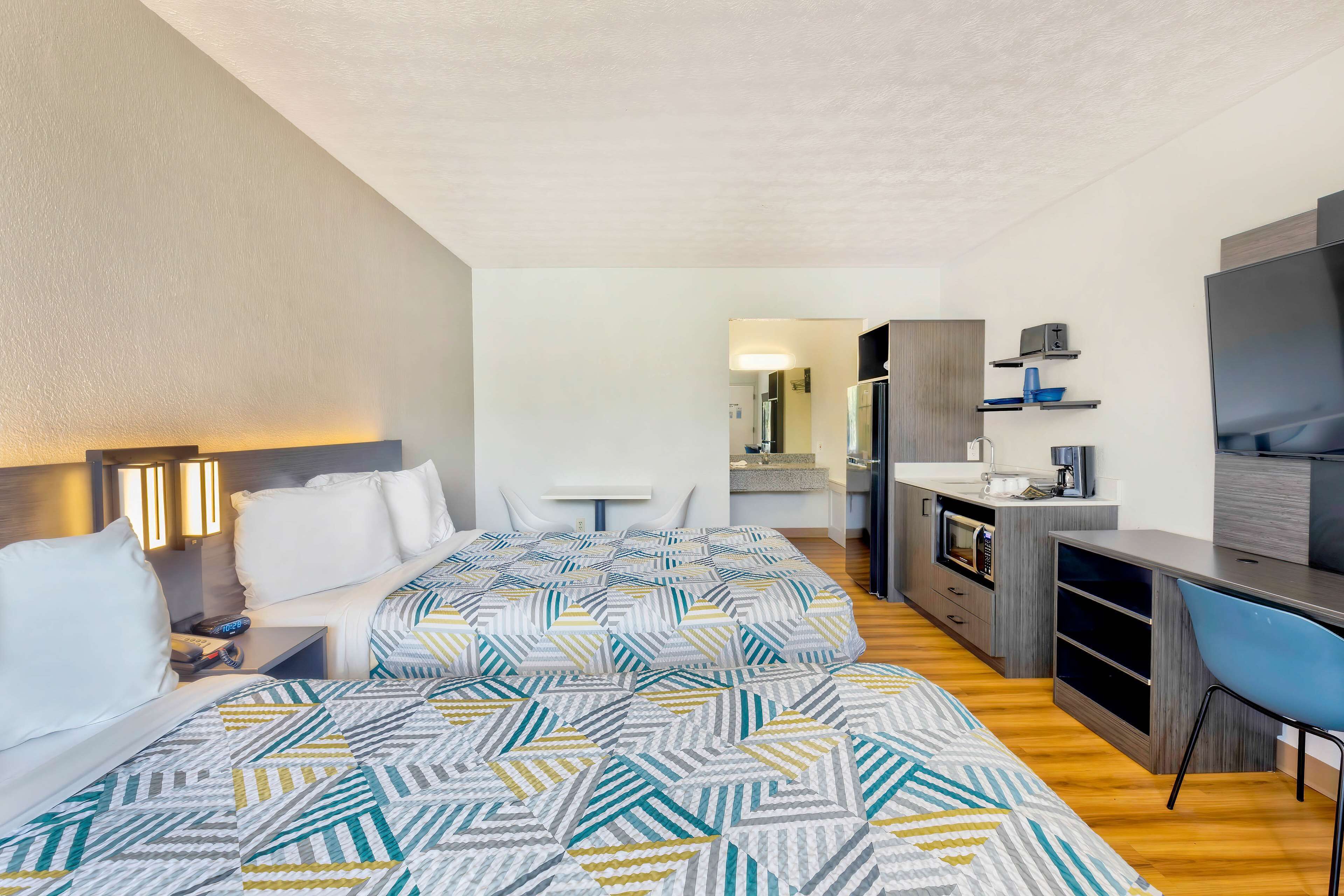 Desk, laptop workspace, blackout drapes, free WiFi