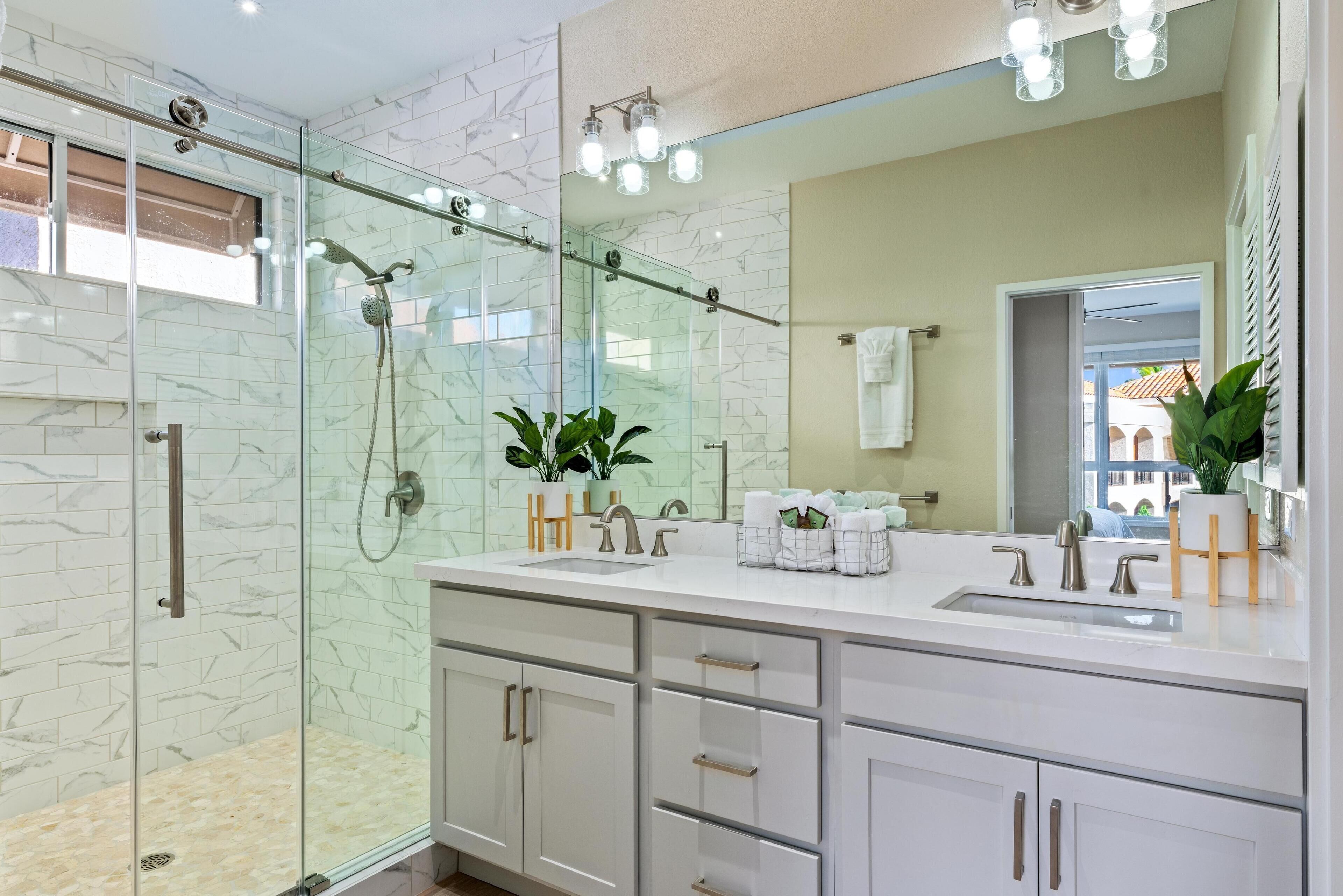 Hair dryer, towels, soap, shampoo