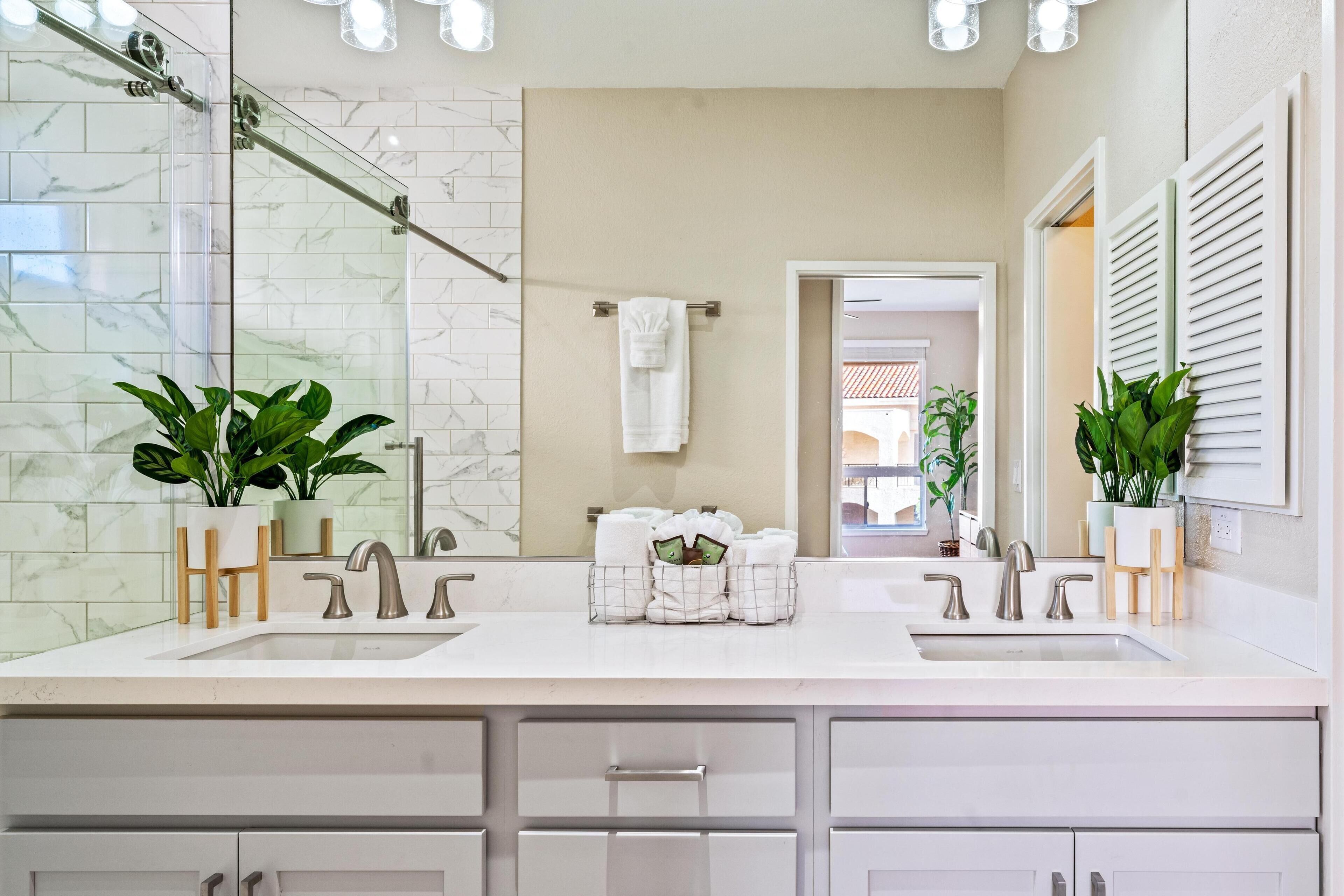 Hair dryer, towels, soap, shampoo