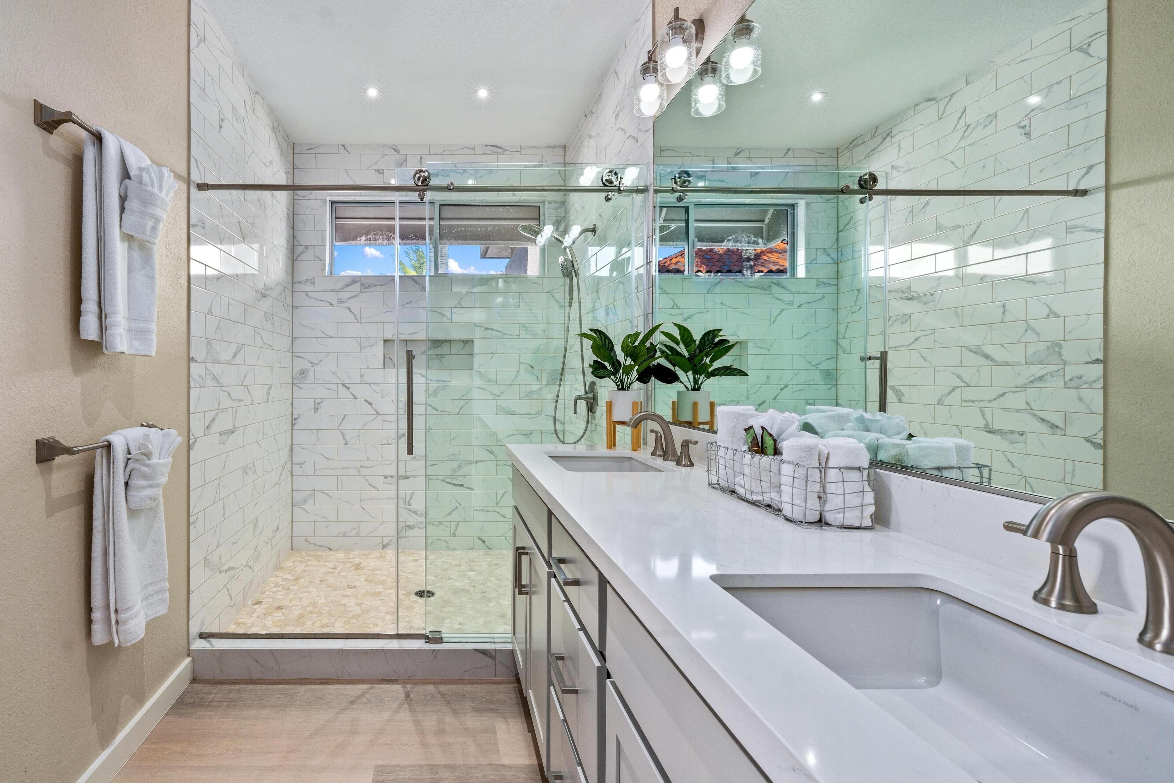 Hair dryer, towels, soap, shampoo