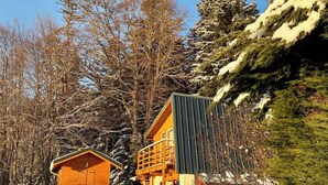Une cabane au revêtement extérieur en bois, avec un petit porche et un sol recouvert de neige.