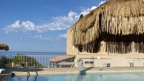 Una piscina con una estructura de techo de paja, un área cercada y sillas de descanso.