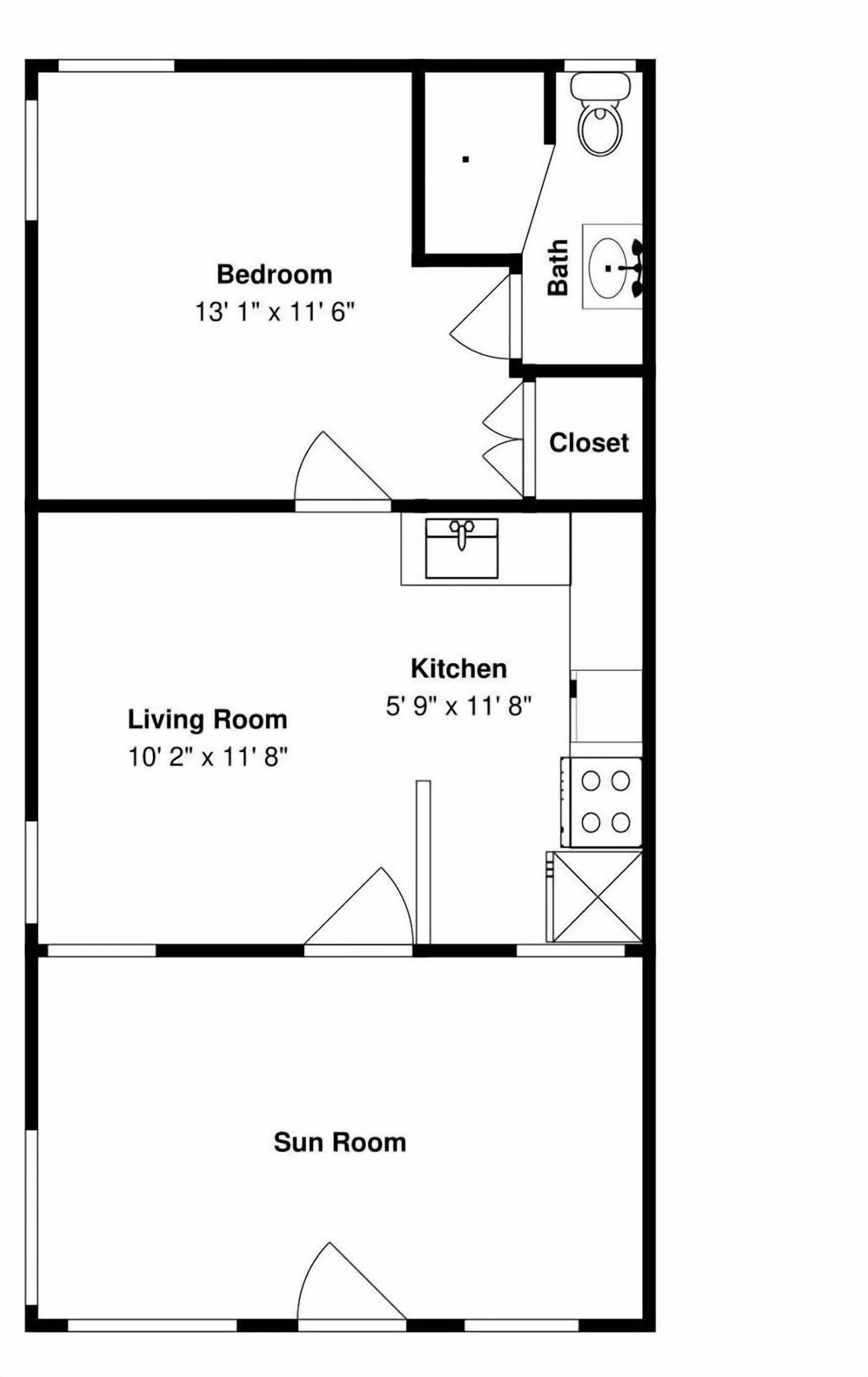 Plano de planta que muestra un dormitorio, sala de estar, cocina, baño y un solario.