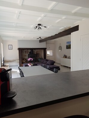A modern living room with a fireplace, a dining area, and a kitchen.