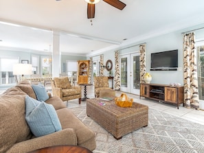 House, Multiple Beds, Hot Tub, Partial Ocean View | Living area | 42-inch flat-screen TV with digital channels - Driftaway by Tybee Vacation Rentals (Tybee Island)