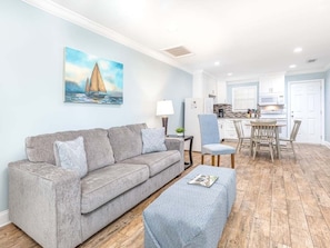 Condo, Multiple Beds, Kitchen, Garden View | Living area | TV