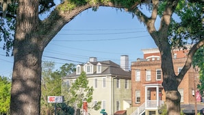 A street view with a large tree in the foreground, a 'Best Buy' sign, and a building with a brick facade and a balcony.