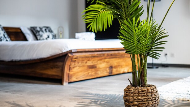 Uma cama com cabeceira de madeira, um vaso de planta trançado e um cobertor branco.