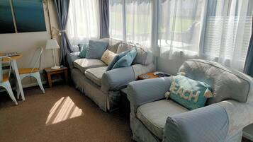 Smart TV, fireplace, DVD player