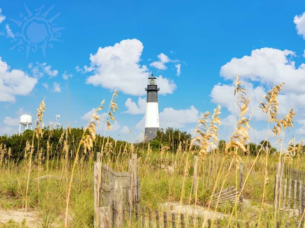 A lighthouse with a white and black structure, surrounded by tall grasses and a wooden fence.