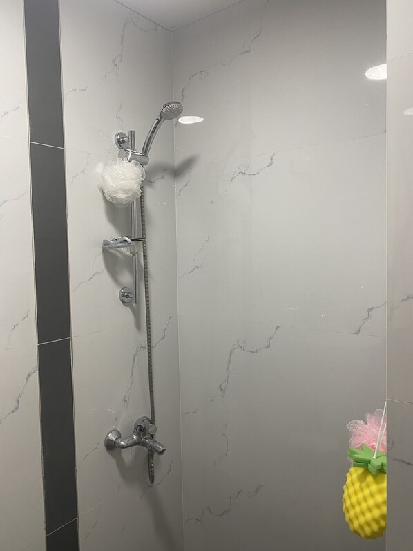 Regadera, toallas, papel de baño 